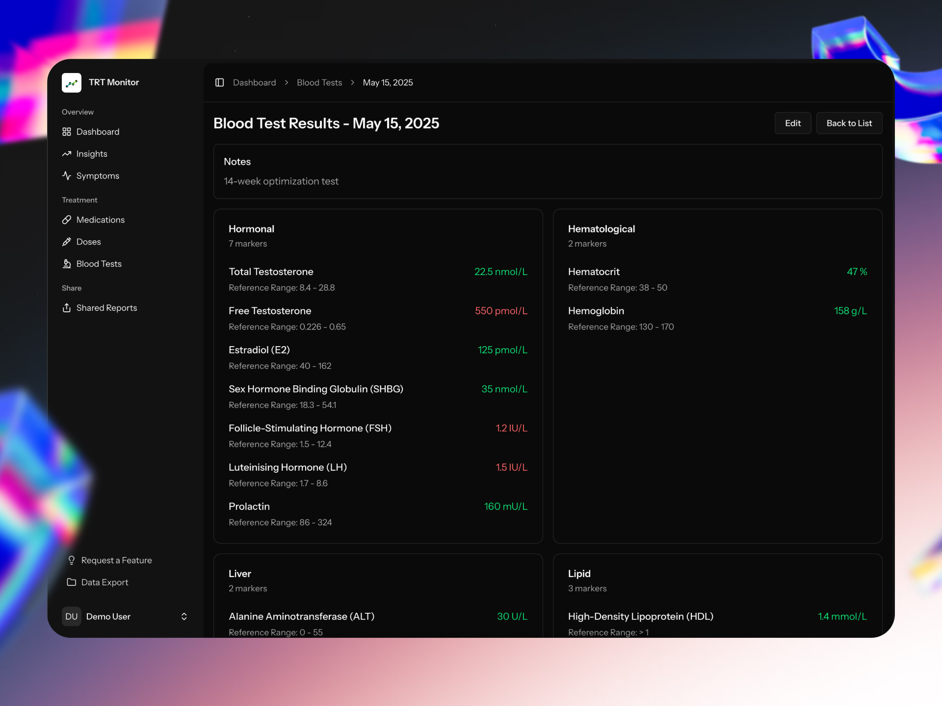 TRT Monitor blood test results page from the application